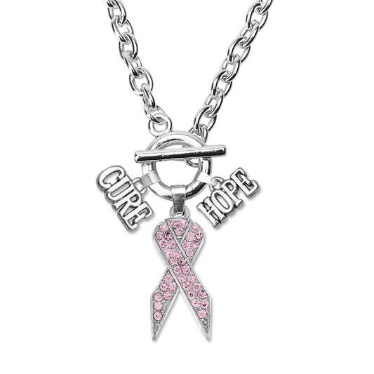 Silver Hope Pink Awareness Ribbon Charm Toggle Necklace