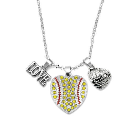 Silver Love Softball Heart Glove Charm Classic Necklace