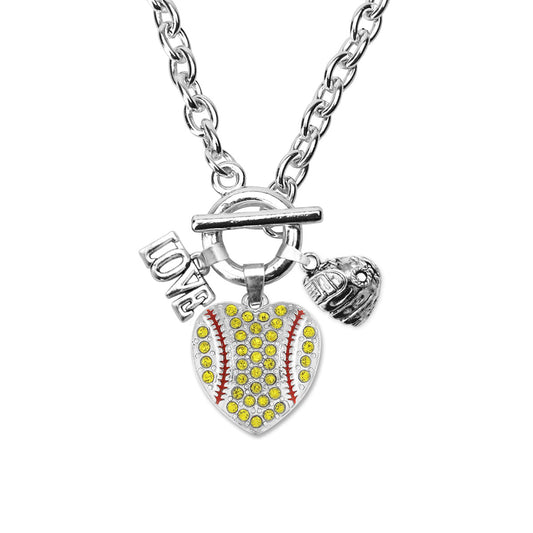 Silver Love Softball Heart Glove Charm Toggle Necklace