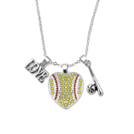 Silver Love Softball Heart Bat Charm Classic Necklace
