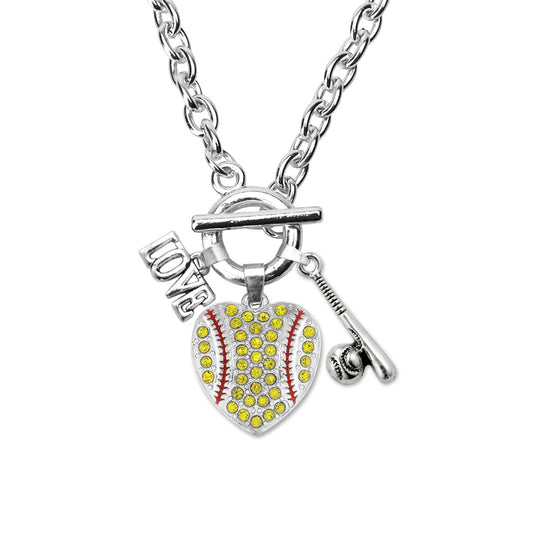 Silver Love Softball Heart Bat Charm Toggle Necklace
