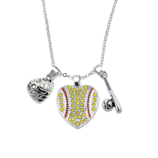 Silver Love Softball Heart Bat and Glove Charm Classic Necklace