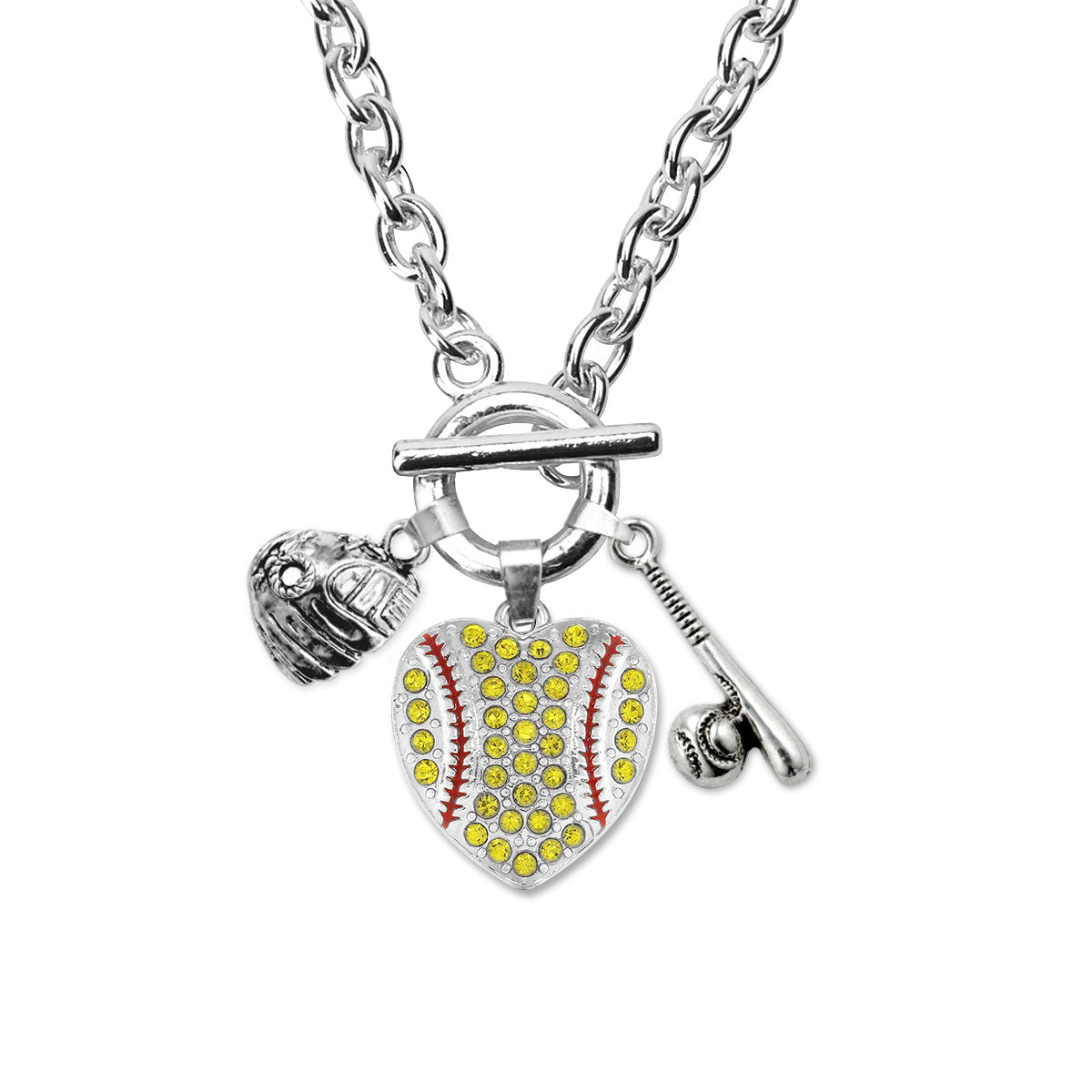 Silver Love Softball Heart Bat and Glove Charm Toggle Necklace