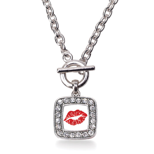 Silver Goodbye Kiss Emoji Square Charm Toggle Necklace
