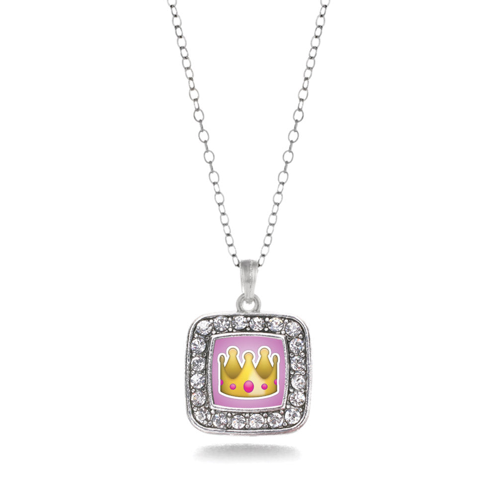 Silver Crown Emoji Square Charm Classic Necklace