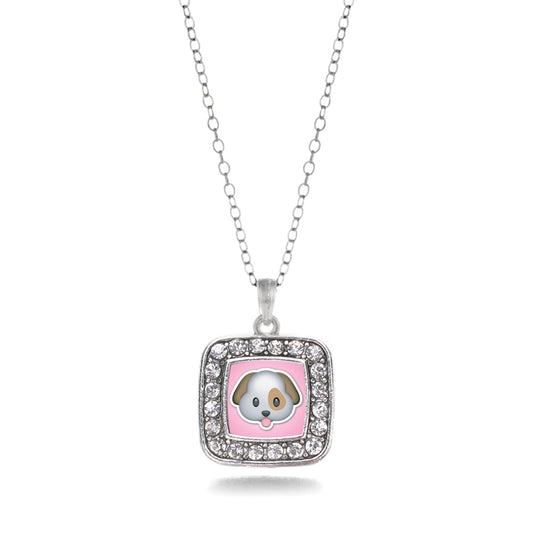 Silver Puppy Emoji Square Charm Classic Necklace