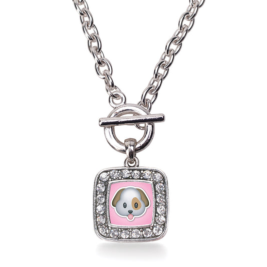 Silver Puppy Emoji Square Charm Toggle Necklace