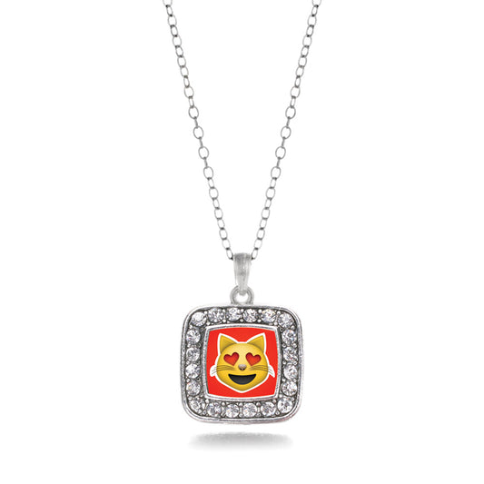Silver Cat Heart Emoji Square Charm Classic Necklace