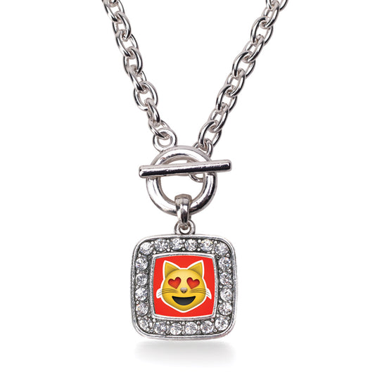 Silver Cat Heart Emoji Square Charm Toggle Necklace