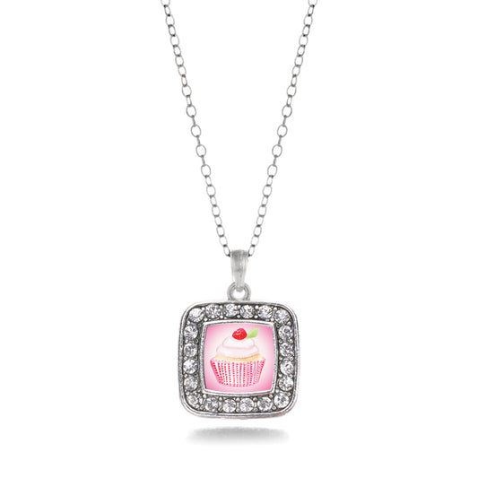 Silver Cupcake with a Cherry on Top Square Charm Classic Necklace