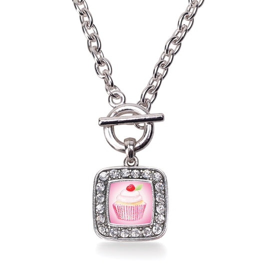 Silver Cupcake with a Cherry on Top Square Charm Toggle Necklace