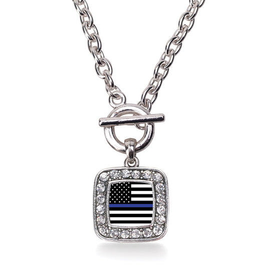 Silver Thin Blue Line American Flag Square Charm Toggle Necklace