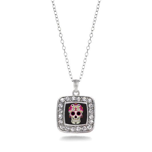 Silver Sugar Skull Square Charm Classic Necklace