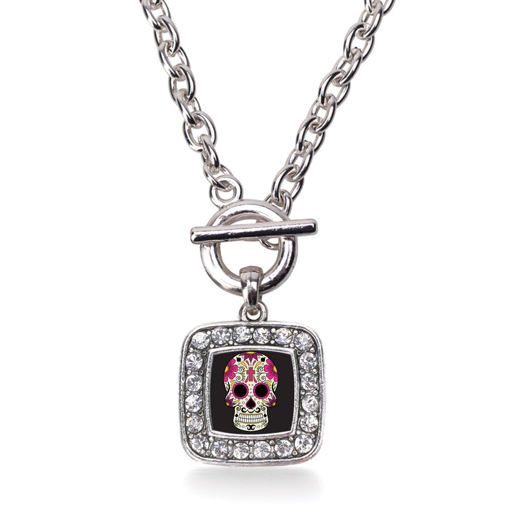 Silver Sugar Skull Square Charm Toggle Necklace