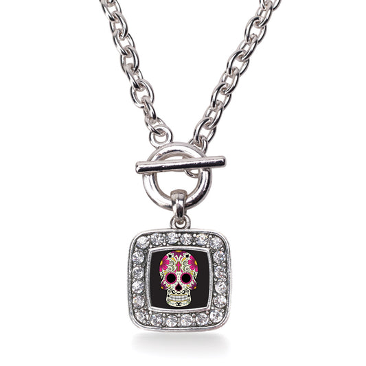 Silver Sugar Skull Square Charm Toggle Necklace