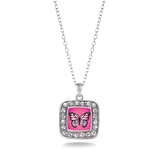 Silver Pink Butterfly Square Charm Classic Necklace