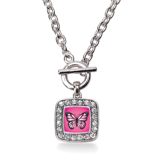 Silver Pink Butterfly Square Charm Toggle Necklace