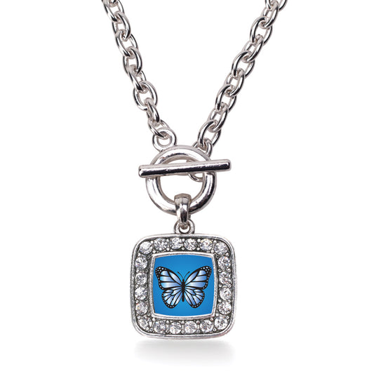 Silver Azure Butterfly Square Charm Toggle Necklace