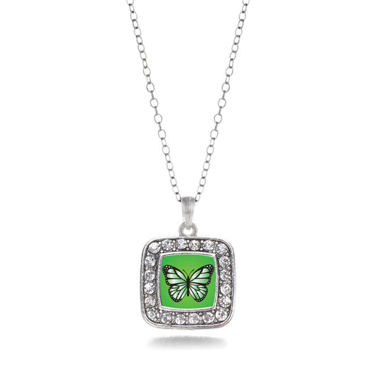 Silver Green Butterfly Square Charm Classic Necklace