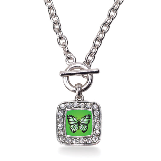 Silver Green Butterfly Square Charm Toggle Necklace