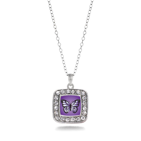 Silver Purple Butterfly Square Charm Classic Necklace