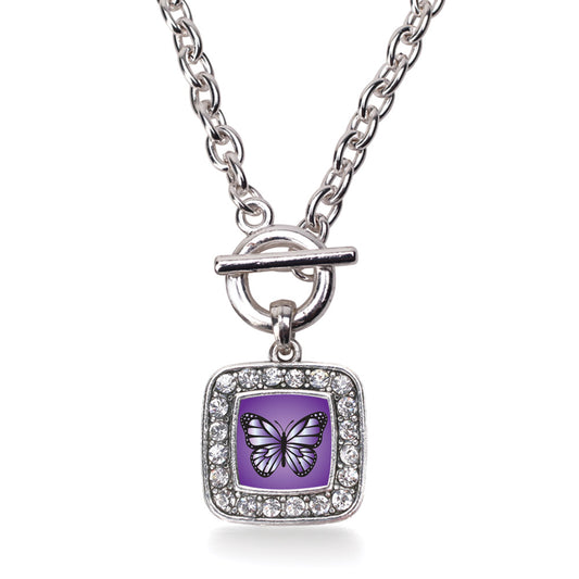 Silver Purple Butterfly Square Charm Toggle Necklace
