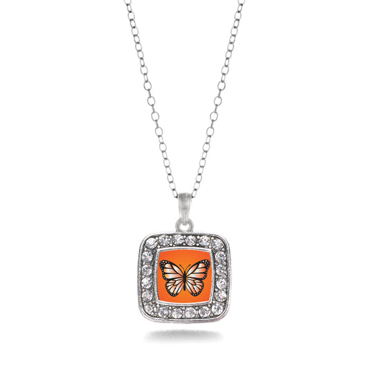 Silver Orange Butterfly Square Charm Classic Necklace