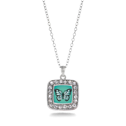 Silver Teal Butterfly Square Charm Classic Necklace