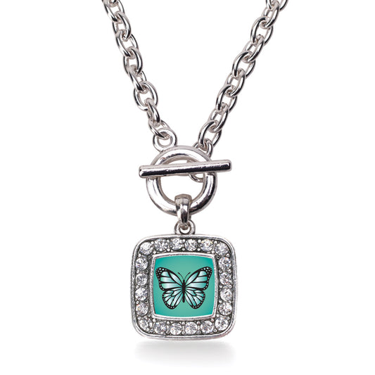 Silver Teal Butterfly Square Charm Toggle Necklace
