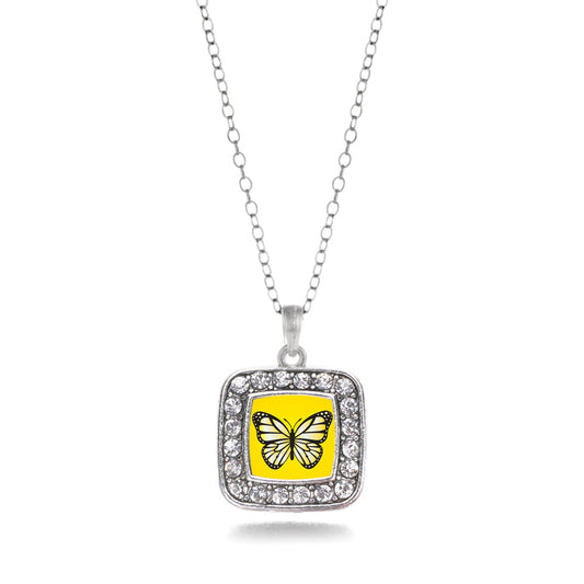 Silver Yellow Butterfly Square Charm Classic Necklace
