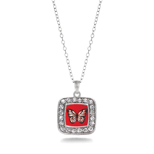 Silver Red Butterfly Square Charm Classic Necklace