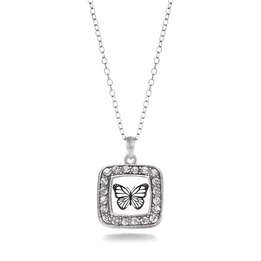 Silver White Butterfly Square Charm Classic Necklace