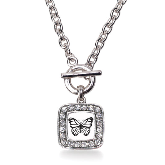 Silver White Butterfly Square Charm Toggle Necklace