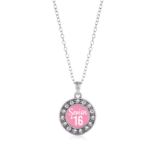 Silver Pink Senior '16 Circle Charm Classic Necklace