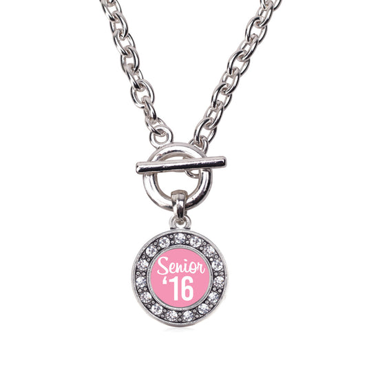 Silver Pink Senior '16 Circle Charm Toggle Necklace