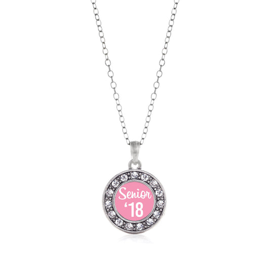 Silver Pink Senior '18 Circle Charm Classic Necklace