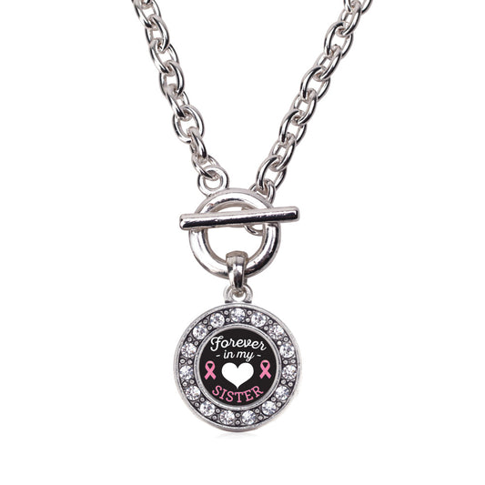 Silver Forever in My Heart Sister Breast Cancer Support Circle Charm Toggle Necklace