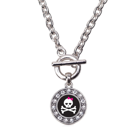 Silver Cute Skull And Crossbones Circle Charm Toggle Necklace
