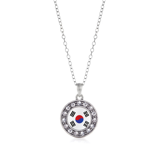 Silver Republic of Korea Flag Circle Charm Classic Necklace