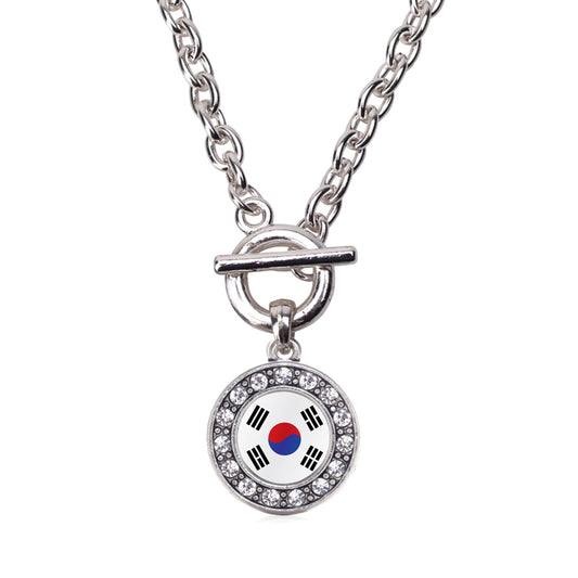Silver Republic of Korea Flag Circle Charm Toggle Necklace