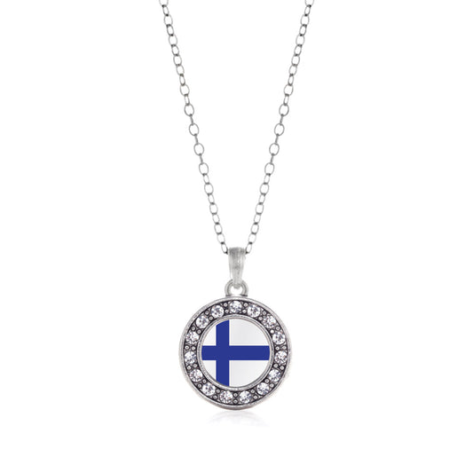 Silver Finland Flag Circle Charm Classic Necklace