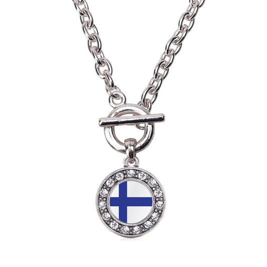 Silver Finland Flag Circle Charm Toggle Necklace