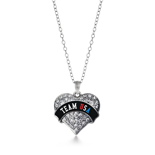 Silver Team USA - Black Banner Pave Heart Charm Classic Necklace