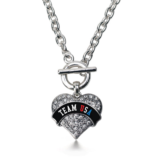Silver Team USA - Black Banner Pave Heart Charm Toggle Necklace