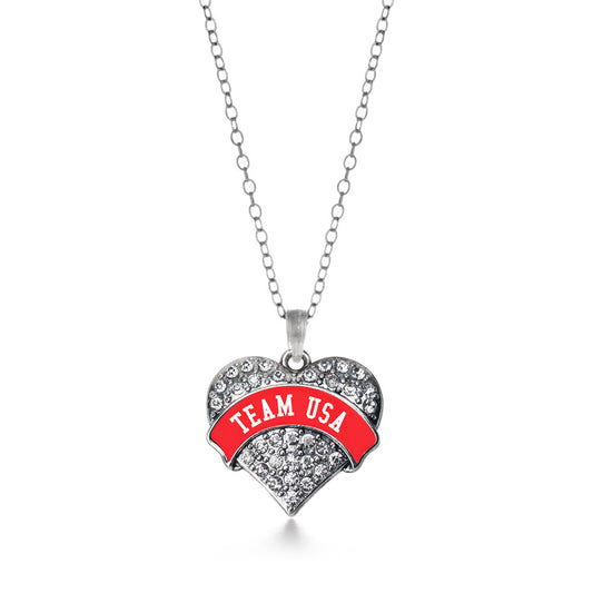 Silver Team USA - Red Banner Pave Heart Charm Classic Necklace