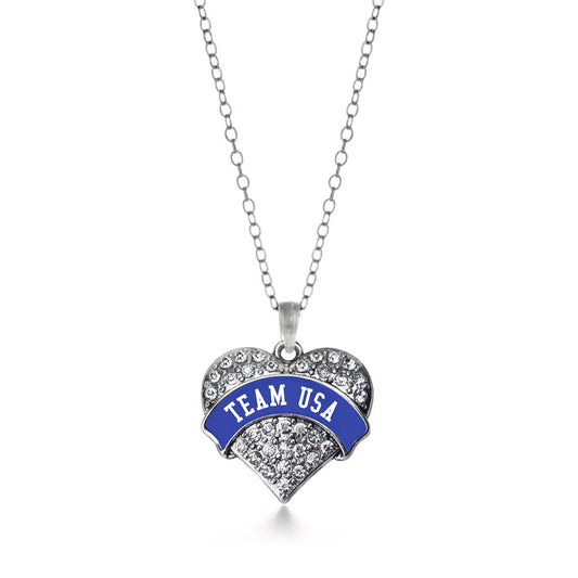 Silver Team USA - Blue Banner Pave Heart Charm Classic Necklace