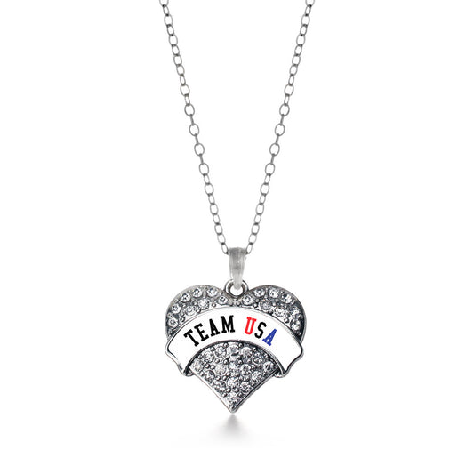 Silver Team USA - White Banner Pave Heart Charm Classic Necklace