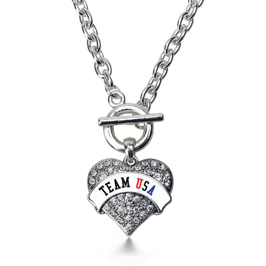 Silver Team USA - White Banner Pave Heart Charm Toggle Necklace