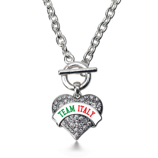 Silver Team Italy Pave Heart Charm Toggle Necklace