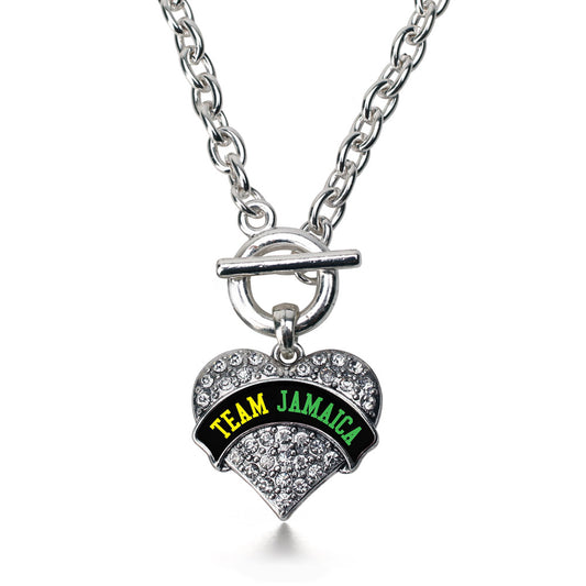 Silver Team Jamaica Pave Heart Charm Toggle Necklace